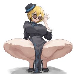 1girl absurdres adjusting_eyewear arm_at_side bare_legs black-framed_eyewear black_dress black_hat black_shoes blonde_hair breasts china_dress chinese_clothes cinq_association_east_uniform commentary_request covered_navel don_quixote_(project_moon) dress earrings fedora full_body gluteal_fold hair_between_eyes hand_up hat highres jewelry large_breasts limbus_company long_sleeves looking_at_viewer no_socks one_eye_closed parted_lips peace_peace009 pelvic_curtain project_moon round_eyewear shoes short_hair simple_background single_earring solo spread_legs sunglasses thick_thighs thighs tilted_headwear tiptoes white_background yellow_eyes