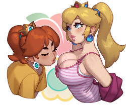 2girls blonde_hair blue_eyes blush breasts camisole closed_eyes commentary cropped_torso crown dark-skinned_female dark_skin earrings english_commentary from_side high_ponytail highres jewelry large_breasts long_hair mario_(series) meme multiple_girls nintendo orange_hair parted_lips pink_camisole ponytail princess_daisy princess_peach riz shirt short_sleeves striped_camisole white_background yuri