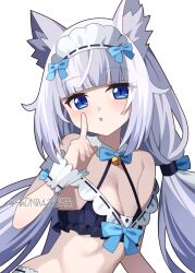 Rule 34 | 1girl, 4rion, :o, absurdres, animal ear fluff, animal ears, bare shoulders, bell, bikini, black bikini, blue bow, blue bowtie, blue eyes, blunt bangs, blunt ends, blush, bow, bow bikini, bowtie, breasts, cat ears, cat girl, cleavage, commentary, detached collar, eyelashes, frilled bikini, frills, hair bow, hand up, highres, index finger raised, jingle bell, long hair, looking at viewer, low twintails, maid, maid bikini, maid headdress, neck bell, nekopara, open mouth, sidelocks, simple background, slit pupils, small breasts, solo, stomach, swimsuit, twintails, twitter username, unconventional maid, upper body, vanilla (nekopara), white background, white hair, white wrist cuffs, wrist cuffs