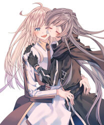 2girls absurdres blonde_hair blue_eyes blush cheek-to-cheek closed_eyes coat commentary_request duel_monster emptyayya gloves grey_hair heads_together highres hug long_hair multiple_girls necktie one_eye_closed open_mouth simple_background sky_striker_ace_-_raye sky_striker_ace_-_roze smile very_long_hair white_background yu-gi-oh! yuri