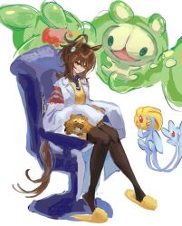 1girl agnes_tachyon_(umamusume) ahoge animal_ears bidoof brown_hair chachaboshi chair commentary_request gen_4_pokemon gen_5_pokemon horse_ears horse_girl horse_tail lab_coat legendary_pokemon long_hair nintendo pantyhose pokemon pokemon_(creature) red_eyes reuniclus simple_background sitting slippers sweater tail umamusume uxie very_long_sleeves white_background yellow_slippers yellow_sweater