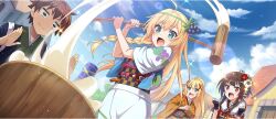 1boy 3girls :d ahoge black_gloves blonde_hair blue_eyes blue_sky braid brown_hair building closed_mouth cloud cloudy_sky darkness_(konosuba) day fingerless_gloves floral_print floral_print_kimono food food-themed_hair_ornament food_print from_below fruit_print furisode game_cg gloves grape_hair_ornament green_eyes green_hairband hair_ornament hairband high_ponytail highres holding holding_mallet iris_(konosuba) japanese_clothes kanzashi kimono kine kono_subarashii_sekai_ni_shukufuku_wo! konosuba!_fantastic_days long_hair looking_at_another mallet matching_outfits megumin mochi mochitsuki mortar_(bowl) multiple_girls new_year obi obiage obidome obijime official_alternate_costume official_art open_mouth orange_kimono outdoors ponytail ponytail_with_braided_base print_kimono red_eyes red_kimono sash satou_kazuma short_hair short_hair_with_long_locks side_braid sidelocks sky sleeves_rolled_up smile sparkle tsumami_kanzashi v-shaped_eyebrows white_kimono wispy_bangs x_hair_ornament