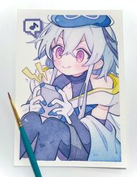 1boy :q arknights art_tools_in_frame blue_hair blue_hat commentary gloves hat highres holding male_focus mizuki_(arknights) nasuke solo tongue tongue_out white_gloves