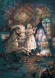 2girls attic barefoot blonde_hair blue_theme book boots bug butterfly dress full_body highres indoors insect kneeling kobone_awaki lamp light light_bulb light_particles long_hair multiple_girls muted_color oil_lamp original painting_(object) parted_lips roomscape silk spider_web toy_horse wavy_hair white_dress wigwam window wooden_floor