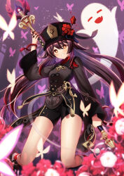 Rule 34 | 1girl, animal, arm up, azuma yuki, black hat, black nails, black shoes, black shorts, blurry, blurry foreground, blush, boo tao (genshin impact), breasts, brown hair, brown jacket, bug, butterfly, chinese clothes, coattails, collared coat, commentary request, depth of field, flower, flower-shaped pupils, genshin impact, ghost, grin, hair between eyes, hat, hat flower, highres, holding, hu tao (genshin impact), insect, jacket, jewelry, kneeling, long hair, long sleeves, looking at viewer, low twintails, porkpie hat, red eyes, red flower, red shirt, ring, shirt, shoes, short shorts, shorts, small breasts, smile, socks, solo, staff of homa (genshin impact), symbol-shaped pupils, twintails, very long hair, white flower, white socks, wide sleeves