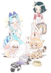 ? animal_ears animal_print bandaid bandaid_on_head black_hair blonde_hair blue_shirt blush bow bowtie breasts brown_eyes common_raccoon_(kemono_friends) crossed_bandaids dress extra_ears fennec_(kemono_friends) fox_ears fur_collar gloves grey_hair hammer head_bump highres holding holding_hammer humanization japari_symbol kaban_(kemono_friends) kemono_friends large_breasts laundry_basket lucky_beast_(kemono_friends) multicolored_hair multiple_girls notora open_mouth pink_sweater print_bow print_bowtie raccoon_ears raccoon_girl raccoon_tail red_shirt serval_(kemono_friends) shirt short-sleeved_sweater short_hair short_sleeves skirt sleeveless sleeveless_dress striped_tail sweater tail two-tone_bow two-tone_bowtie white_hair