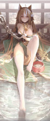 1girl absurdres animal_ears bare_shoulders bkyuuc black_gloves blush bowl breasts brown_hair cage chain chain_leash cleavage dog_ears feet full_body genshin_impact gloves green_eyes green_kimono heart heart-shaped_pupils highres hina_(genshin_impact) japanese_clothes kimono large_breasts leash legs long_hair looking_at_viewer multicolored_hair off_shoulder paw_print pet_bowl restrained slave smile solo symbol-shaped_pupils thighhighs toes two-tone_hair v white_hair white_thighhighs