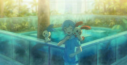 1boy ;d androgynous blue_eyes blue_hair child gen_3_pokemon hood hoodie kirobaito male_focus matching_hair/eyes minun nintendo one_eye_closed open_mouth plusle pokemon pokemon:_destiny_deoxys pokemon_(anime) pokemon_(creature) pokemon_rse_(anime) short_hair smile tooi_(pokemon) tooi_rondot tory_lund water