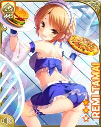 1girl :d apron ass beach bent_over bikini blue_bikini blue_skirt breasts brown_eyes brown_hair burger card_(medium) day food girlfriend_(kari) looking_at_viewer low_twintails maid_apron maid_headdress ocean official_art open_mouth outdoors pizza qp:flapper skirt smile solo standing swimsuit tagme tamai_remi thighhighs tropical twintails upskirt white_thighhighs