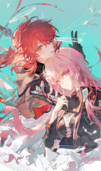 2girls ;d absurdres arknights bird black_gloves cross cross_earrings earrings exusiai_(arknights) exusiai_the_new_covenant_(arknights) gloves halo highres jewelry lemuen_(arknights) looking_at_viewer multiple_girls nonhaaa one_eye_closed open_mouth parted_lips pink_eyes pink_hair red_hair siblings sisters smile tongue tongue_out w white_bird yellow_eyes