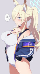 1girl ? animal_ear_fluff animal_ears armband blonde_hair blue_archive blue_eyes blue_halo blue_jacket breasts competition_swimsuit covered_navel dog_ears dog_girl eniraka extra_ears grey_background hair_over_one_eye halo highleg highres jacket kanna_(blue_archive) kanna_(swimsuit)_(blue_archive) large_breasts long_hair looking_at_viewer notched_ear official_alternate_costume one-piece_swimsuit ponytail purple_armband simple_background solo spoken_question_mark swimsuit whistle whistle_around_neck white_one-piece_swimsuit