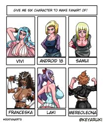 Rule 34 | 6+girls, abs, absurdres, android, android 18, bent over, black clover, bleach, blonde hair, blue eyes, blue hair, breasts, brown eyes, brown hair, cleavage, dark-skinned female, dark skin, denim, dragon ball, dragon ball super, fairy tail, female focus, flexing, franceska mila rose, from behind, green eyes, highres, huge breasts, jeans, keyaruki, laki olietta, large breasts, long hair, medium hair, mereoleona vermillion, multiple drawing challenge, multiple girls, muscular, muscular back, muscular female, naruto (series), naruto shippuuden, nefertari vivi, one piece, orange hair, pants, purple hair, samui, samui (naruto), short hair, six fanarts challenge, swimsuit, sword, translation request, weapon