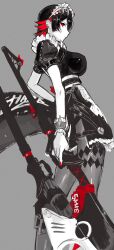 1girl apron colored_inner_hair dress ellen_joe fins fish_tail from_side glaive_(polearm) greyscale highres holding holding_polearm holding_weapon looking_at_viewer maid_apron maid_headdress monochrome multicolored_hair pantyhose partially_colored polearm red_eyes red_nails sanshoku_dango_(shukosuko) shark_girl shark_tail short_hair short_sleeves sideways_glance sketch solo spot_color sway_back tail weapon zenless_zone_zero