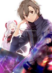 Rule 34 | 1boy, 1girl, absurdres, bad id, bad pixiv id, bare shoulders, black dress, black gloves, black skirt, blouse, blush, braid, braided bangs, brown eyes, brown hair, closed eyes, closed mouth, commentary request, copyright name, double bun, dress, eiji (sao), english text, fingerless gloves, french braid, gloves, hair between eyes, hair bun, highres, long hair, looking at viewer, open mouth, purple shirt, shi-2, shirt, short hair, simple background, skirt, smile, sword art online, sword art online: alicization, sword art online: alicization - war of underworld, sword art online the movie: ordinal scale, twin braids, white background, white hair, yuna (sao)