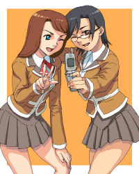 00s 2girls ;d arm_around_neck black_hair blazer blue_eyes brown_hair camera_phone cellphone forehead-to-forehead glasses hand_on_thigh harada_chie heads_together holding jacket long_hair lowres miniskirt multiple_girls my-hime neck_ribbon nigou oekaki one_eye_closed open_mouth orange_background phone pleated_skirt red_eyes ribbon school_uniform selfie senou_aoi serafuku short_hair skirt smile standing swept_bangs v