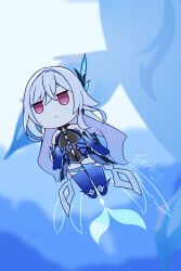 1girl bare_shoulders black_leotard blue_boots blue_gloves blue_thighhighs blurry blurry_background boots breasts chibi closed_mouth commentary depth_of_field elbow_gloves english_commentary genshin_impact gloves grey_hair hair_between_eyes hair_intakes highres langbazi leotard long_hair medium_breasts purple_eyes signature skirk_(genshin_impact) solo thighhighs thighhighs_under_boots very_long_hair