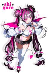 1girl absurdres arm_tattoo artist_name bat_wings black_hair blunt_bangs breasts demon demon_girl demon_horns demon_tail detached_collar eyelashes facial_tattoo fang fingernails full_body gem-studded_nails highres horns jewelry leg_tattoo long_hair looking_at_viewer medium_breasts midriff multicolored_hair multiple_rings nail_polish navel open_mouth original pink_eyes pink_horns pink_wings ribbon ring shi_gure shoes sidelocks simple_background solo streaked_hair tail tattoo teeth thighhighs upper_teeth_only very_long_hair white_background white_ribbon white_thighhighs wings