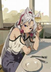 1girl animal_ear_fluff animal_ears breasts chair closed_mouth clothing_cutout commentary_request cup drinking_glass fork grey_hair hand_up highres holding holding_cup indoors knife lamb_(hitsujiniku) looking_at_viewer medium_breasts on_chair parted_bangs plate ponytail purple_eyes purple_skirt shirt short_sleeves shoulder_cutout sitting skirt smile solo table touhoku_itako voiceroid white_shirt wide_sleeves window wine_glass