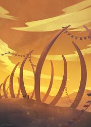 3others artist_name bunting cloak day desert footprints from_behind full_body landscape mountainous_horizon multiple_others orange_theme original outdoors painterly ponytail ribs sand scenery signature size_difference walking zandra