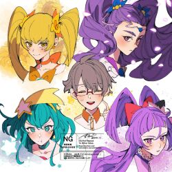 1boy 4girls ahoge aoi_tete aqua_eyes aqua_hair blonde_hair blunt_bangs blunt_ends blush bow choker commentary cure_magical cure_milky flower_hairband glasses grey_hair hair_bow hairband heartcatch_precure! highres long_hair looking_at_viewer mahou_girls_precure! milky_rose multiple_girls orange_choker pink_eyes precure purple_eyes purple_hair star_twinkle_precure thick_eyebrows toyama_satoru twintails very_long_hair wonderful_precure! yellow_eyes yellow_hairband yes!_precure_5 yes!_precure_5_gogo!