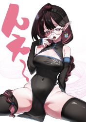 1girl absurdres black_hair black_nails black_thighhighs breasts cameltoe colored_inner_hair covered_navel earrings first_stage_production forked_tongue glasses heart heart-shaped_pupils highres jewelry long_braid multicolored_hair nema_filluna open_mouth piercing pink_hair purple_eyes round_eyewear solo spread_legs streaked_hair sui_hi_sf symbol-shaped_pupils thighhighs tongue tongue_out tongue_piercing virtual_youtuber