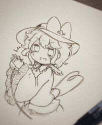 Rule 34 | 1girl, art tools in frame, blush, bow, buttons, collared shirt, diamond button, eyeball, frilled shirt collar, frilled sleeves, frills, hat, hat bow, heart, heart of string, highres, holding, komeiji koishi, long sleeves, looking at viewer, medium hair, open mouth, photo (medium), shiro tsugumi, shirt, solo, sweatdrop, third eye, touhou, traditional media, wide sleeves