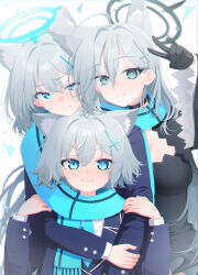 3girls ahoge animal_ear_fluff animal_ears aqua_eyes aqua_scarf black_choker black_dress black_gloves black_jacket blazer blue_archive blue_jacket blush breasts choker commentary_request cropped_jacket cross_hair_ornament dress extra_ears gloves grey_hair hair_ornament halo highres hug hug_from_behind jacket large_breasts long_hair long_sleeves looking_at_viewer medium_hair mismatched_pupils multiple_girls multiple_persona scarf school_uniform shared_clothes shared_scarf shiroko_(blue_archive) shiroko_(young)_(blue_archive) shiroko_terror_(blue_archive) short_hair simple_background smile sweatdrop umin0buta10 upper_body v very_long_hair white_background wolf_ears