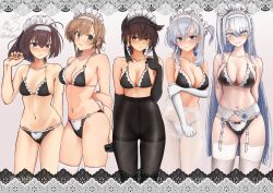 Rule 34 | 5girls, absurdres, ahoge, akizuki (kancolle), alternate costume, armpit crease, arms behind back, bare shoulders, bikini, bikini day, black bikini, blush, border, breasts, brown hair, cleavage, closed mouth, commentary request, cowboy shot, elbow gloves, enmaided, frilled bikini, frills, frown, fuyutsuki (kancolle), garter belt, gloves, gluteal fold, gradient background, grey eyes, grey hair, hair between eyes, hair horns, hairband, hatsuzuki (kancolle), highres, kantai collection, large breasts, light brown hair, long hair, looking at viewer, low twintails, maid, maid bikini, maid headdress, medium breasts, medium hair, motizou, multiple girls, navel, o-ring, o-ring bikini, o-ring bottom, o-ring top, one side up, orange background, orange hair, panties, pantyhose, signature, simple background, small breasts, smile, standing, stomach, suzutsuki (kancolle), swimsuit, teruzuki (kancolle), thighhighs, twintails, twitter username, unconventional maid, underwear, very long hair, wavy mouth, white border, white gloves, white hairband, white thighhighs, yellow eyes
