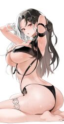 1girl absurdres armpits arms_up ass barefoot bikini black_bikini black_hair breasts choyeon ear_piercing earrings goddess_of_victory:_nikke hands_in_hair highres hoop_earrings jewelry kneeling large_breasts looking_at_viewer multicolored_hair piercing red_eyes rosanna_(chic_ocean)_(nikke) rosanna_(nikke) seiza simple_background sitting solo split-color_hair swimsuit thighlet wet white_background white_hair