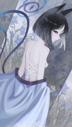 1girl absurdres animal_ears bare_shoulders black_hair blue_archive blue_haori blunt_ends cat_ears cat_girl cat_tail chest_sarashi from_behind grey_eyes haori highres japanese_clothes kikyou_(blue_archive) looking_at_viewer medium_hair multiple_tails no_shirt oekaki_siro open_mouth parted_bangs sarashi solo tail two_tails
