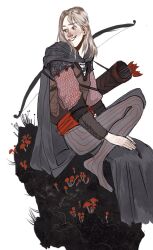 1boy armor arrow_(projectile) belt blonde_hair bow_(weapon) brown_tunic cape chainmail commentary elf english_commentary full_body grey_cape grey_eyes grey_leggings grey_robe highres leggings legolas long_hair long_sleeves looking_back male_focus mushroom on_rock outdoors pointy_ears quiver red_belt red_leggings robe simple_background sitting smile solo striped_clothes striped_leggings the_lord_of_the_rings tolkien&#039;s_legendarium tunic vertical-striped_clothes vertical-striped_leggings weapon white_background yaroslava_murashko