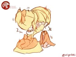 1boy 1girl ^^^ aku_no_meshitsukai_(vocaloid) aku_no_musume_(vocaloid) allen_avadonia arms_between_legs blonde_hair bow brother_and_sister brown_pants brown_vest chibi choker collared_jacket decapitation detachable_head disembodied_head dress evillious_nendaiki frilled_dress frills hair_bow hands_on_another&#039;s_head high_ponytail jacket kagamine_len kagamine_rin kneeling long_sleeves o_o off-shoulder_dress off_shoulder orange_bow orange_choker orange_jacket pants ponytail riliane_lucifen_d&#039;autriche short_ponytail siblings sidelocks surprised twins twitter_username updo ur1ryu vest wide-eyed wide_sleeves yellow_dress