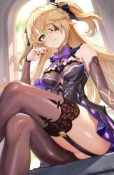 Rule 34 | 1girl, absurdres, asymmetrical legwear, black dress, black nails, black pantyhose, black thighhighs, blonde hair, bow, breasts, bridal gauntlets, cameltoe, crossed legs, dress, eyepatch, fischl (genshin impact), fishnet top, fishnets, garter straps, genshin impact, green eyes, hair over one eye, hair ribbon, highres, indoors, long hair, looking at viewer, medium breasts, nail polish, pantyhose, purple bow, redt1t1, ribbon, single garter strap, single leg pantyhose, single thighhigh, sitting, smile, solo, tailcoat, thighhighs, two side up, window