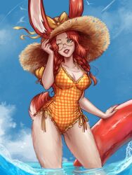 Rule 34 | 1girl, alternate costume, animal ears, aurora (league of legends), body fur, bow, breasts, brown hat, day, glasses, hat, hat bow, highres, innertube, kenapplepi, large breasts, league of legends, one-piece swimsuit, one eye closed, orange bow, orange one-piece swimsuit, outdoors, plaid one-piece swimsuit, rabbit ears, rabbit girl, rabbit tail, round eyewear, smile, solo, sun hat, swim ring, swimsuit, tail, teeth