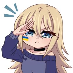 1girl black_choker blonde_hair blue_eyes blue_sweater choker facepaint hair_between_eyes henna_(hentaiukr) hentaiukr korzynka_persykiv long_hair non-web_source off_shoulder salute serious shiny_eyes solo sticker sweater transparent_background ukrainian_flag