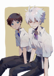 2boys absurdres belt black_choker black_pants blue_shirt brown_eyes choker collared_shirt cropped_legs grey_hair highres ikari_shinji looking_at_viewer male_focus medium_hair mogutofuoes multiple_boys nagisa_kaworu neon_genesis_evangelion pants purple_shirt red_eyes shirt short_hair simple_background sweatdrop two-tone_background undershirt white_shirt yellow_background