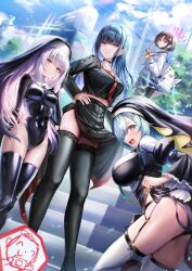4girls arius_squad_(blue_archive) ass atsuko_(blue_archive) backpack bag black_cape black_garter_belt black_hair black_leotard black_panties black_pantyhose black_shirt black_skirt black_thighhighs black_veil blue_archive blue_hair blue_halo blue_skirt breasts brown_hair cape closed_mouth cosplay doodle_sensei_(blue_archive) garter_belt grey_jacket hair_between_eyes halo hasumi_(blue_archive) hasumi_(blue_archive)_(cosplay) hifumi_(blue_archive) hifumi_(blue_archive)_(cosplay) highres hinata_(blue_archive) hinata_(blue_archive)_(cosplay) hiyori_(blue_archive) jacket justina_follower_(blue_archive) justina_follower_(blue_archive)_(cosplay) lace lace-trimmed_thighhighs lace_garter_belt lace_trim leotard long_hair looking_at_viewer medium_breasts medium_hair midriff misaki_(blue_archive) moleshi multiple_girls navel neckerchief necktie nun open_mouth panties pantyhose red_eyes red_halo red_necktie saori_(blue_archive) school_uniform sensei_(blue_archive) shirt short_hair skirt thighhighs underwear v veil white_thighhighs yellow_neckerchief