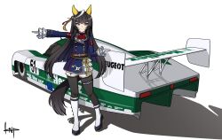 1girl absurdres ahoge animal_ears ascot asymmetrical_footwear belt black_hair black_pantyhose black_tail blue_jacket blunt_bangs blunt_ends boots buttons calstone_light_o_(umamusume) car closed_mouth commentary_request double-breasted ear_covers european_union_flag frilled_sleeves frills gloves hand_up high_heel_boots high_heels highres horse_ears horse_girl horse_tail jacket kano_(nakanotakahiro1029) long_hair long_sleeves mismatched_footwear motor_vehicle multicolored_hair outstretched_arm pantyhose race_vehicle racecar red_ascot shorts signature simple_background smile solo spoiler_(automobile) streaked_hair tail tassel thigh_strap umamusume vehicle_focus very_long_hair welter-meunier_p88 white_background white_boots white_gloves white_hair white_shorts yellow_eyes