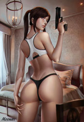 Rule 34 | 1girl, arm at side, artist name, ass, audia pahlevi, bare arms, bare shoulders, bed, bed sheet, black panties, blanket, brown hair, capcom, chair, chandelier, claire redfield, closed mouth, cowboy shot, curtains, day, female focus, finger on trigger, fingernails, from behind, gun, hand on thigh, hand up, handgun, highres, holding, holding gun, holding weapon, indoors, legs apart, lips, long hair, looking back, nose, panties, parted bangs, pillow, pink lips, pistol, ponytail, resident evil, resident evil 2, solo, sports bra, thong, underwear, weapon, window