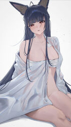 Rule 34 | 1girl, absurdres, animal ear fluff, animal ears, black hair, blunt bangs, blush, breasts, chest sarashi, cleavage, fox ears, fox girl, highres, hoshimi miyabi, long hair, luirck, no panties, no pants, open clothes, open shirt, parted lips, red eyes, sarashi, see-through clothes, see-through shirt, shirt, single bare shoulder, solo, twintails, white shirt, zenless zone zero
