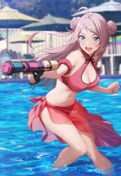 1girl :d ahoge arm_scrunchie bare_shoulders beach_umbrella bikini blue_eyes blurry blurry_background breasts cleavage commentary_request double_bun finger_on_trigger firing floating_hair hair_bun highres holding holding_water_gun large_breasts long_hair love_live! love_live!_nijigasaki_high_school_idol_club mole mole_under_eye navel open_mouth outdoors pink_hair pool red_bikini red_sarong sarong shamakho smile solo stomach swimsuit table thighs umbrella wading water water_gun zhong_lanzhu