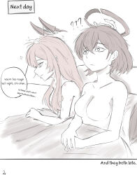 2girls ? ?? absurdres aftersex bags_under_eyes bite_mark bite_mark_on_arm blue_archive breasts chihiro_(blue_archive) commentary english_commentary english_text halo hickey highres large_breasts long_hair mechanical_ears medal_(baowaannnn) multiple_girls nude on_bed parted_lips pillow short_hair speech_bubble sweat under_covers utaha_(blue_archive) yuri