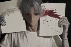 1boy artist_request bandaged_arm bandages copyright_request exhausted fake_blood grey_hair holding holding_paper male_focus meme paper paper_gun_suicide_(meme) red_eyes shirt short_hair short_sleeves simple_background solo third-party_source white_shirt