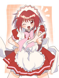 1girl ;d ^^^ apron blush border bow bowtie cafe_mew_mew_uniform commentary_request dress fang hand_on_own_hip highres hs1122 maid_headdress momomiya_ichigo one_eye_closed open_mouth pink_bow pink_bowtie red_dress red_eyes red_hair ribbon short_hair skin_fang smile solo tokyo_mew_mew w white_apron white_border white_ribbon