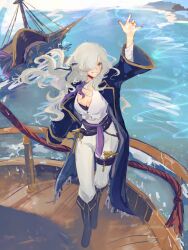 1girl absurdres alternate_costume artist_name boots breasts calamity_brezze casting_spell cleavage grin hair_over_one_eye highres jacket long_hair mole mole_on_breast ocean pirate reverse:1999 ship shirt smile solo watercraft white_hair white_shirt windsong_(reverse:1999)