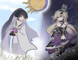1boy 1girl alternate_costume alternate_hair_length alternate_hairstyle arm_at_side armor artist_name black_dress black_eyes black_flower black_hair black_sleeves black_thighhighs blonde_hair blunt_ends blurry breasts cleavage closed_mouth clothing_cutout collarbone colored_tips crescent_moon dated depth_of_field detached_collar detached_sleeves dress feathers flower food fruit genshin_impact gradient_hair grass hair_flower hair_intakes hair_ornament highres holding holding_food holding_fruit japanese_armor japanese_clothes kariginu kimono kote kurokote lavender_melon_(genshin_impact) long_hair long_sleeves looking_at_another lumine_(genshin_impact) mandarin_collar moon multicolored_hair open_hand open_mouth pants partially_shaded_face pelvic_curtain pom_pom_(clothes) purple_hair purple_kimono purple_sleeves purple_veil remhotaru scaramouche_(genshin_impact) scaramouche_(kabukimono)_(genshin_impact) shoulder_cutout single_thighhigh slit_pupils split_theme strapless strapless_dress string sun thigh_strap thighhighs veil very_long_hair white_pants white_sleeves wispy_bangs yellow_eyes yellow_feathers
