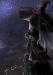 1girl absurdres bare_shoulders black_dress black_skin breasts chinese_commentary cleavage colored_skin commentary_request dark-skinned_female dark_skin dress elden_ring elden_ring_nightreign from_side hat highres large_breasts large_hat long_hair long_sleeves looking_to_the_side night night_sky painapo0731 purple_hat purple_sleeves recluse_(elden_ring) sky solo white_hair witch witch_hat wooden_staff