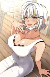 1girl ahoge bench blonde_hair bra bra_peek bra_strap breasts cleavage collarbone dress eyelashes hair_ornament highres indie_virtual_youtuber jangmaseason jewelry large_breasts mask mask_pull mouth_mask multicolored_hair necklace on_bench open_mouth park_bench park_dona short_hair sitting smile solo streaked_hair underwear virtual_youtuber white_dress white_hair white_mask yellow_eyes