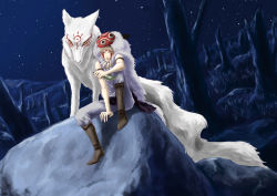 1boy blonde_hair book cosplay facepaint headdress jewelry madara_(natsume_yuujinchou) male_focus moneynew mononoke_hime natsume_takashi natsume_yuujinchou nature necklace night outdoors plant rock san_(cosplay) san_(mononoke_hime) sitting sky solo star_(sky) starry_sky studio_ghibli