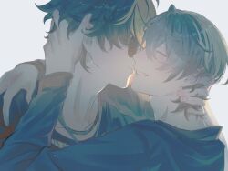 2bnerikeshi 2boys arm_around_shoulder black_shirt blue_jacket closed_eyes commentary crew_neck green_hair grey_hair grin hair_between_eyes hand_on_another&#039;s_neck hashtag-only_commentary highres imminent_kiss jacket lighter_(zenless_zone_zero) long_sleeves male_focus multiple_boys parted_bangs profile shirt smile sunglasses teeth upper_body white_background wise_(zenless_zone_zero) yaoi zenless_zone_zero